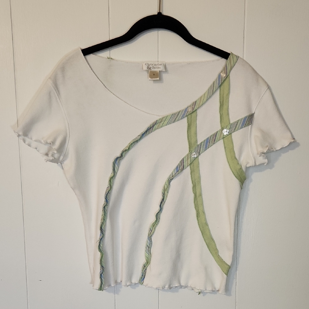 Christopher & Banks White Short Sleeve Top with Green Ribbon/buttons Detail Sz S
